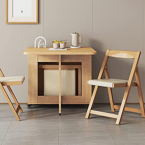 Image of Folding Dining Table Set, Wooden Extendable Dining Table With 4 Chairs, Drop Leaf Table for Kitchen Dining Room Living Room Restaurant-1.4m