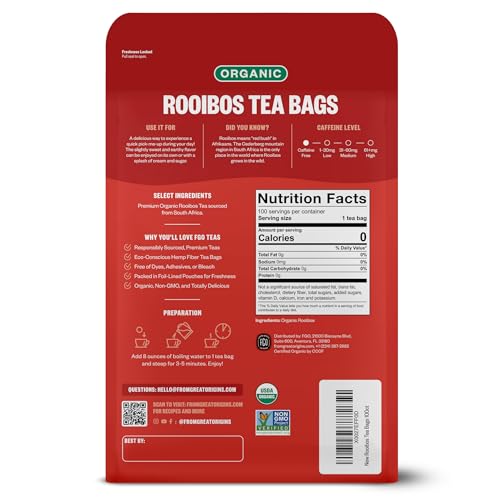 Image of FGO Organic Rooibos Tea, 100 Count, Eco-Conscious Tea Bags, Caffeine Free, Packaging May Vary (Pack of 1)