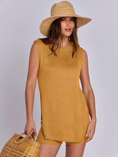 Image of ANRABESS Women Summer 2 Piece Outfits Sleeveless Knit Sweater Top & Shorts Soft Lounge Sets Travel Beach 2026 Spring Clothes Turmeric Small