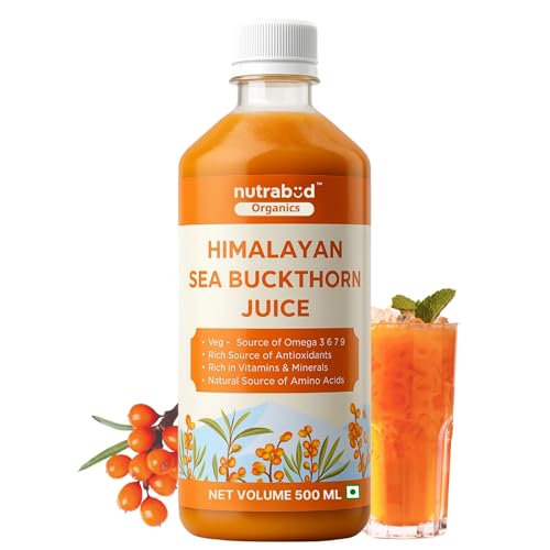Image of Nutrabud Organics Himalayan Sea Buckthorn Berry Juice - 500 ml - Natural Source of Vitamin C, Omega 3 6 7 9, Antioxidants For Immunity, Skin Glow & Gut Health - 50 Glasses (500ml (Pack of 1))