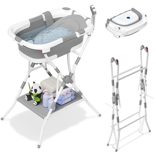Rabb 1st Faltbare Babybadewanne mit Gestell Babywanne mit Rutschfestem Ständer und Badematte Baby Badewanne mit Speicherplattform für Neugeborene und Kleinkinder Gräulich Weiß