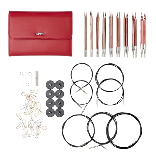 Image of Knit Picks Red Wood Interchangeable Knitting Needles Set with Case | 9 sizes of 4.75 inch long knitting needles, sizes 4-11, includes cables, stitch markers, and endcaps.