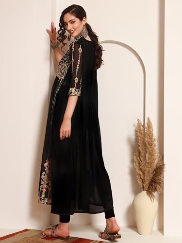 Image of EthnicJunction Women's Georgette Embroidered and Sequence Work Naira Cut Kurta and Dupatta Set