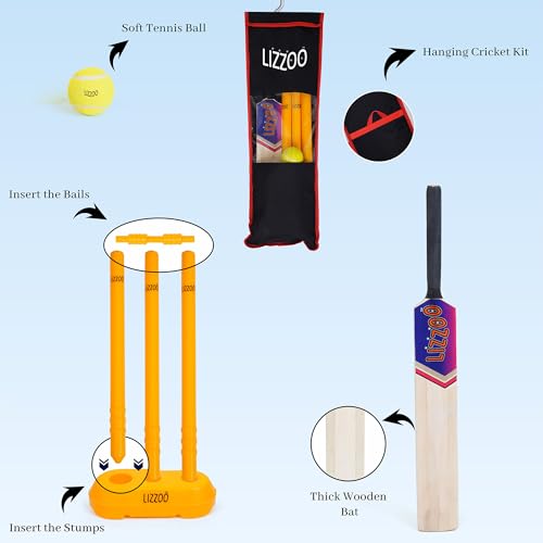 Image of Full Size Kids Beginner Cricket Kit with Natural Wooden Bat | Complete Cricket Set for Boys & Girls (5-10 Years) | Bat, Ball & Wickets | Outdoor Sports Toy |Birthday Gift for Kids