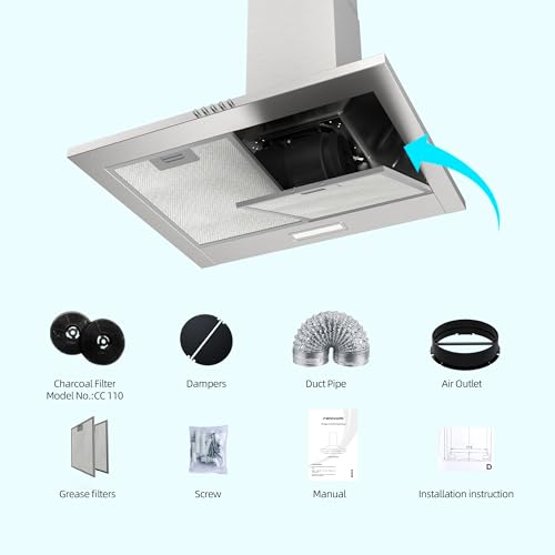 FIREGAS Dunstabzugshaube 60cm, 308m³/h abzugshaube umluft mit CC110 Aktivkohlefilter, 3 Leistungsstufen, Kann Abluft und Umluft Wandmontage Wandhaube, Silber