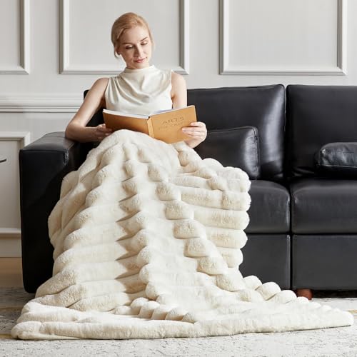TINA'S HOME Faux Fur Throw Blanket for Couch - 1000GSM Fuzzy Striped Rabbit Fur Blankets, Luxury Cozy Soft Fluffy Plush Winter Blankets for Bedroom Living Room 50 * 60 Inches Cream by TINA'S HOME - Image 7