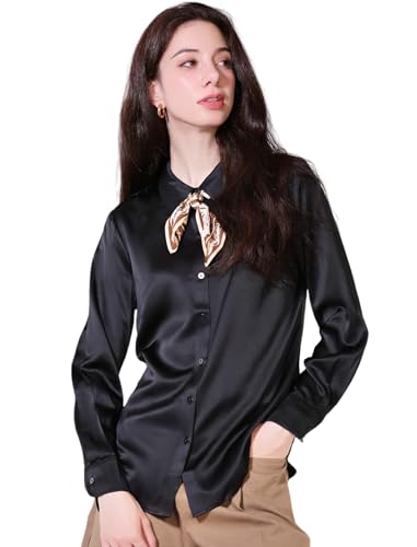 COLD POSH Silk Blouses for Women Elegant Tops Summer Spring Shirts Mulberry Silk Button Down Shirt Black