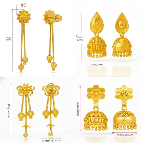 Image of DEW MAT Gold Plated Traditional Jhumka Earrings Combo | Floral Drop & Big Jhumki Set with Matte Finish | South Indian Ghungroo Screw Back Studs Meenakari Jhumki Earrings Set for Women