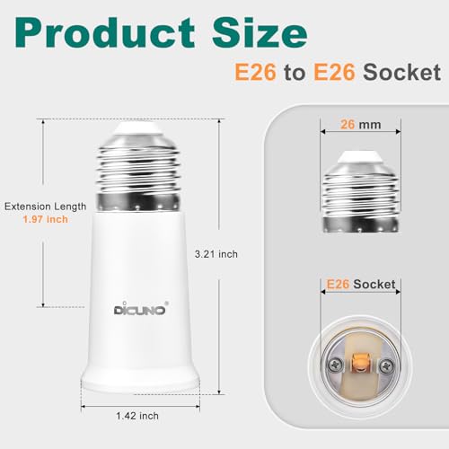 Image of DiCUNO E26 Socket Extender, E26 Standard Medium Base Lamp Bulb Socket Adapter of 5CM /1.97 Inch Extension, Max 200W, Light Bulb Extender, 2 Pcs (Pack of 3)