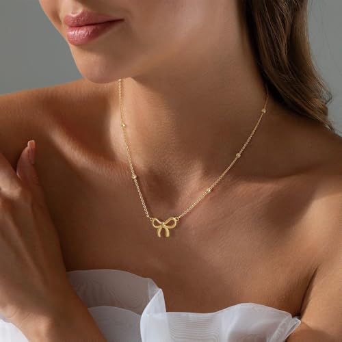 Bow Necklace Gold Necklace for Women 18K Dainty Gold Necklace Cute Small Tiny Bow Pendant Choker Chain Necklace Trendy Necklaces for Women Teen Gold Jewelry Gift3