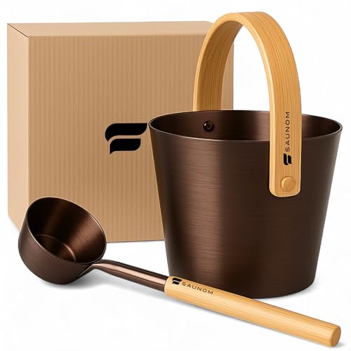 SAUNOM Luxury Aluminum Sauna Bucket and Ladle Set with Modern Nordic Design Anodized Aluminum Sauna Ladle with Bamboo Handle Rust & Heat Resistant 1.3 Gallon Bucket & 13.5 oz Ladle