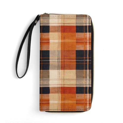Fall Orange Plaids Women's Wallet Wristlet Zipper Purse with Hand Strap Travel Credit Card Holder for Daily Use Gifts