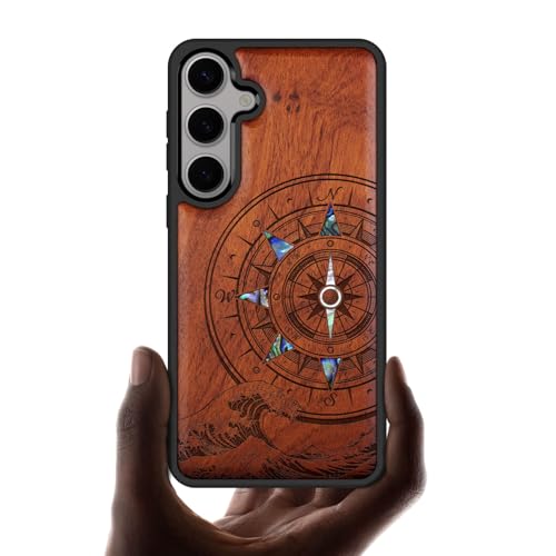 Coque Galaxy S25 Plus en bois gravé et nacre luxe élégance boussole rose