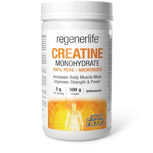 Natural Factors Regenerlife Creatine Monohydrate, 100% Pure Micronized, 5g per serving, 300g, Unflavoured, Increases Body Muscle Mass, Improves Strength and Power, Easy to mix, Highly Absorbable, Vegan