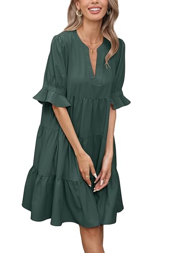 Famulily Ladies Summer Boho Mini Dress Ruffle Sleeve Pleated Swing Casual Basic Party Dress Dark Green XXL