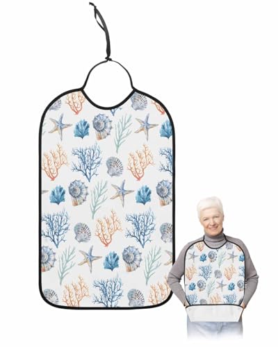 LEOKOTI Blue Teal Orange Coastal Adult Bibs for Eating, Waterproof Bibs with Food Catcher & Snap Closure, Nautical Beach Coral Shell Starfish Washable Clothing Protectors Adult Bibs for Elderly