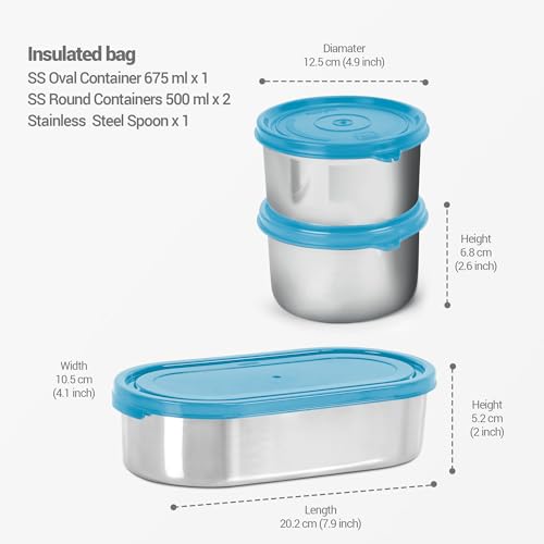 Image of MILTON Steel Smart Lunch Box (2 Round Inner Steel Containers 500ml Each, 1 Oval Container 675ml; Spoon) with Insulated Fabric Bag, Blue, Leak Proof, Odour Proof, Easy to Carry, Food Grade