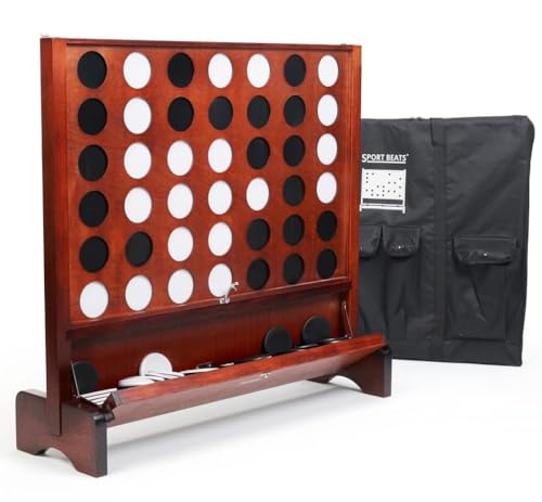 Image of Giant Wooden 4 in A Row Game for Indoor or Outdoor Games | Foldable Tray, 2 Styles of Play: Wall Mounted or Set-up on Ground, Carrying Case, Detachable Legs, Premium Varnished Pine