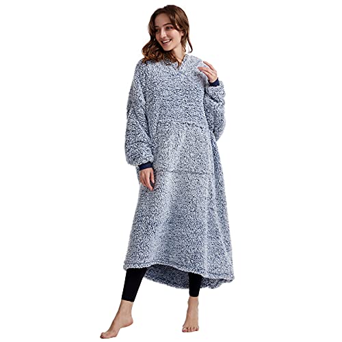 Oversized Teddy Fleece Hoodie Blanket for Women Cuddly Sherpa Wearable Snuggle Blanket Hoody for Adults Kids Men Teenager Super Warm and Soft,Blue Length