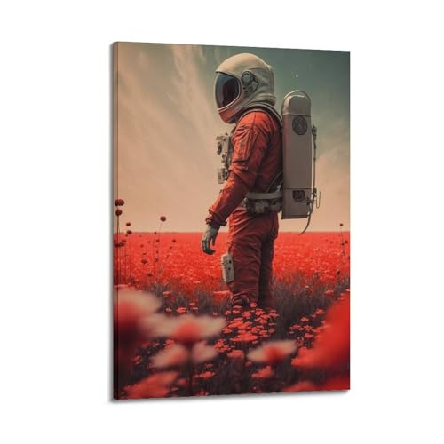 Poster astronaute voyage poétique fleurs rouges sur toile moderne 40x60