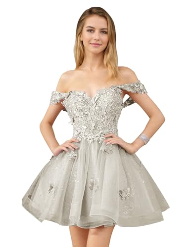 Glitter Tulle Homecoming Dresses for Teens Beaded Off Shoulder Short Prom Dresses Lace Cocktail Mini Dress