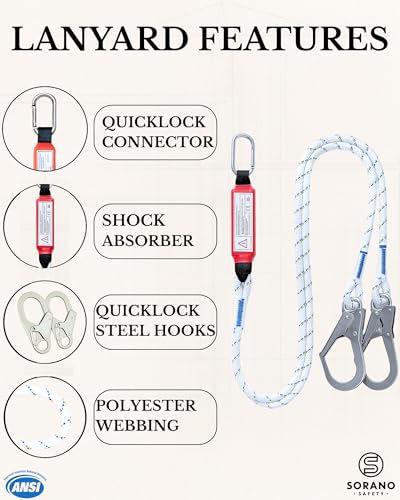 Sorano Safety Harness Fall Protection Kit, Full Body Roofing harnesses with Shock Absorbing Lanyard for Men & Women OSHA/ANSI Compliant - Thumbnail 4