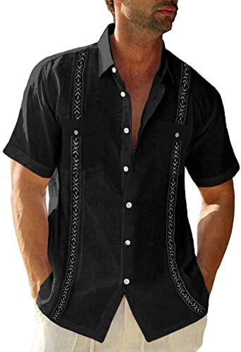 Mens Cuban Guayabera Shirts Cotton Linen Short Sleeve Shirt Casual Hippie Beach Button Down Pocket Shirt Black #TOP21