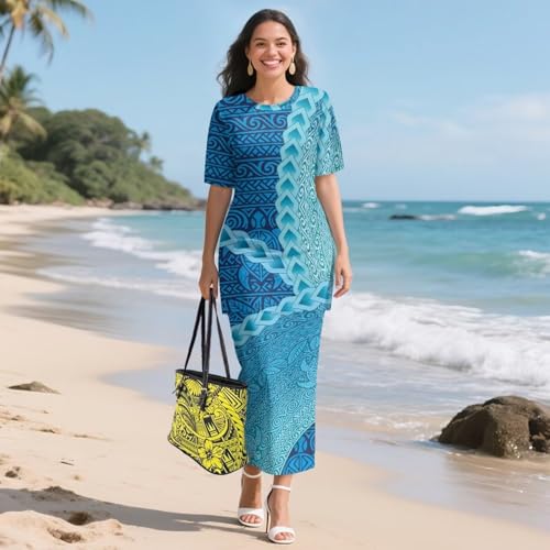 Puletasi Polynesian Tribal Island Short Sleeve Dress Samoan Puletasi Casual Dresses Two Piece Skirts Set for Women3