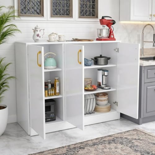 Image of Spyder Craft Modern Engineered Wood Sideboard & Crockery Cabinet - 3-Door Storage Organizer with Gold-Finish Handles and Geometric Pattern for Living Room, Kitchen, and Office (White)