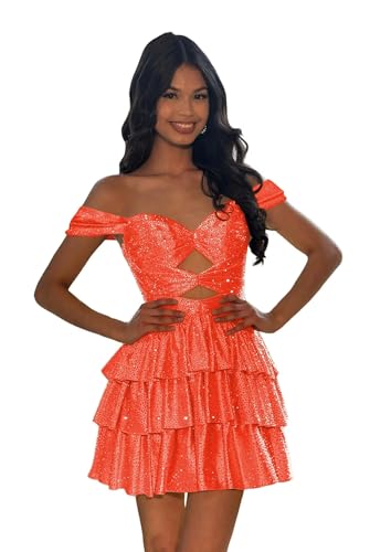 Sparkly Sequin Homecoming Dresses for Teens Tiered Ruffle Short Prom Dress Cut Out Off Shoulder A Line Cocktail Gown