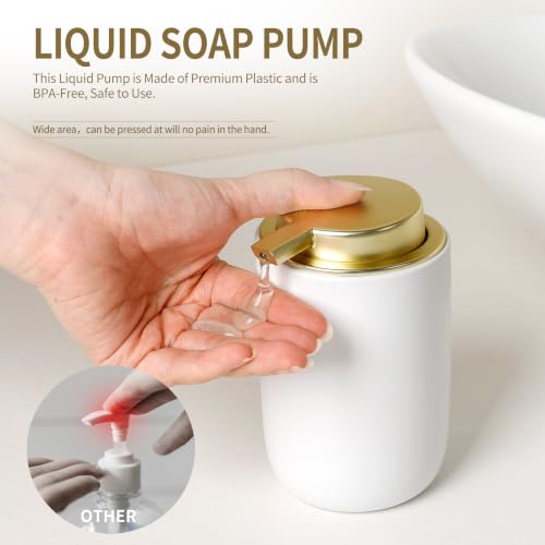 Image of BosilunLife Lotion Pump Dispenser for Bathroom, Kitchen, Countertop | Hand Soap Dispenser Bathroom Ceramic Dish Liquid Soap Dispenser (White with Gold, Liquid Pump)