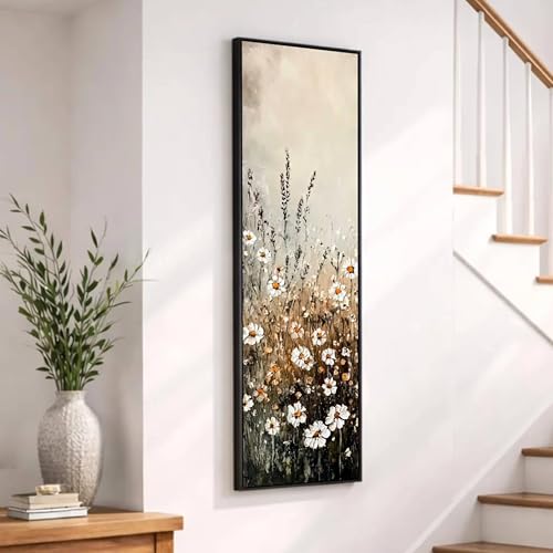 Image of Elegant Daisy Floral Vertical Wall Painting Framed Canvas Wall Art, Modern Nature Flower Artwork for Living Room Dining Area Bedroom Decor, Premium Ready to Hang Home Interior Wall Frame (13x47 Inch)