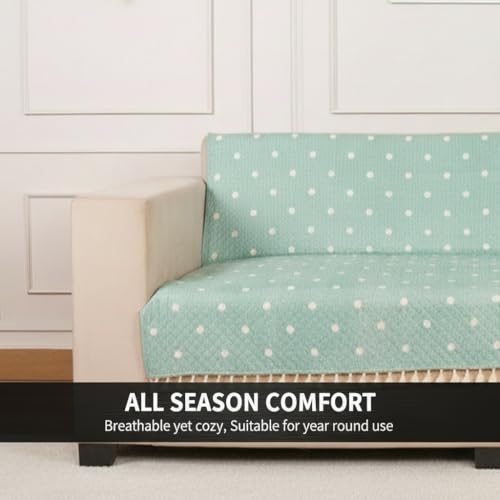 Image of STITCHNEST Quilted Velvet Sofa Cover with Tassels - 70x60 Inch, Pastel Green with White Polka Dots, Soft & Playful, Washable Sofa Protector for 3-Seater