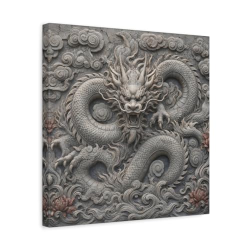 Tableau dragon gravé pierre 40x40 déco salon asiatique