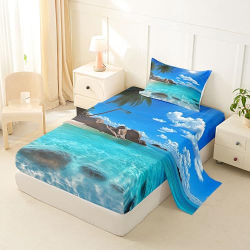 Image of jejeloiu Ocean Beach Bed Sheets Sets Twin Size Kids Boys Girls Blue Sky Sea Bedding Set Tropical Palm Trees Bed Sheet Set with 16-Inch Deep Pockets 3Pcs with 1 Pillow Cases