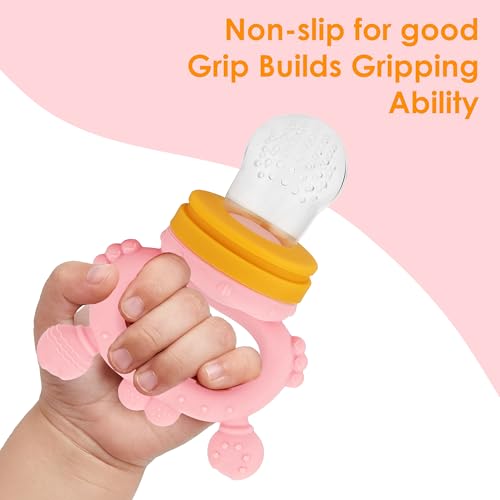 Image of BabyGo Silicone Baby Crab Nibbler & Teether with Rattle Handle | Soft Feeding Feeder for Fruits | Easy Grip Self-Feeding Teething Pacifier & Teether for Babies 6-12 Months | Multicolour | Pack of 1