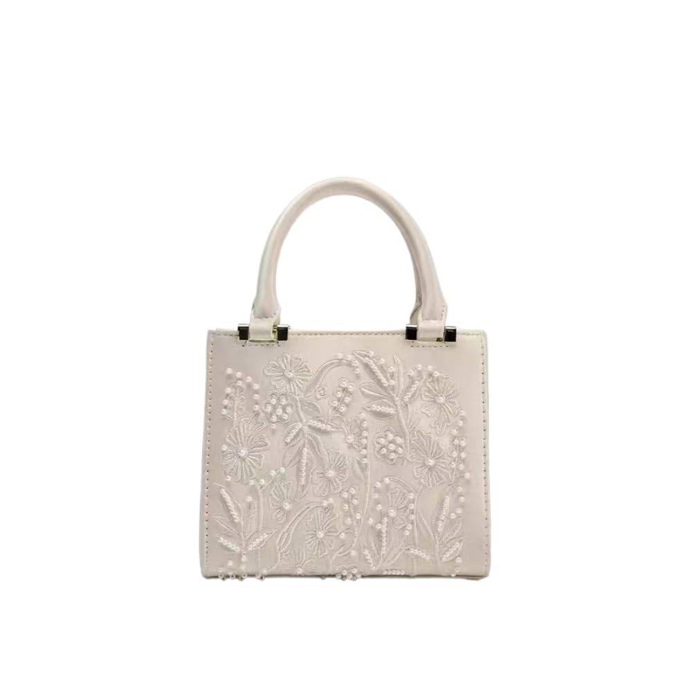 mmaili Minimalist PU Pearl Embroidered Pillow Bag - Small Capacity Magnetic Closure Handheld & Crossbody Bag for Daily & Party(White)