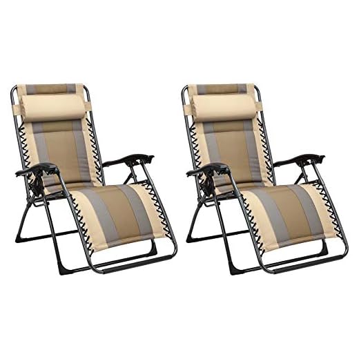 Amazon Basics Outdoor Padded Adjustable Zero Gravity Folding Reclining Lounge Chair with Pillow - Pack of 2, Beige