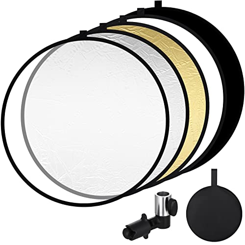 UNIDEAL Kit de Photographie 5 en 1, réflecteur Pliable avec Support réflecteur (80 cm de diamètre), réflecteur Rond translucide, Argent, Or, Blanc et Noir, pour Studio Photo, éclairage extérieur