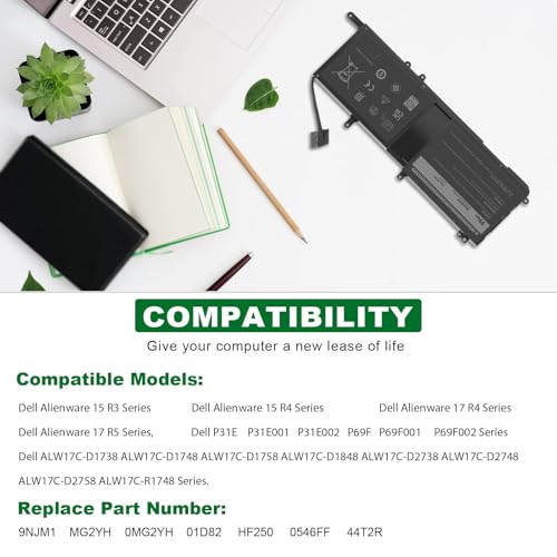 Image of ASUNCELL 9NJM1 Laptop Battery for Dell Alienware 15 R3 R4 17 R4 R5 Series Dell P31E P69F Series ALW17C Series Notebook 0546FF 0HF250 44T2R HF250 MG2YH 0MG2YH, 11.4V 3-Cell 99Wh