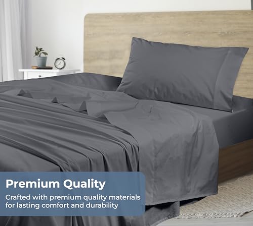 Image of ROYALE LINENS 100% Organic Cotton Twin XL Sheet Set - Percale Weave - 3 Pieces Set - 1 Flat, 1 Deep Pocket Fitted Sheet and 1 Pillowcases - Grey Bed Sheets - Sabanas Twin XL - Crisp Cool (Grey)