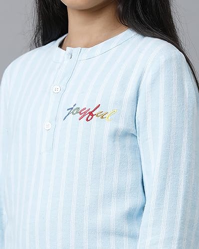 Image of Under Fourteen Only Girls Brushed Flannel Check Night Suit Set | Cotton Printed Mandarin Collar Top with Contrast Buttons & Piping | Full Sleeve Sleepwear with Elastic Waist Pants & Pockets