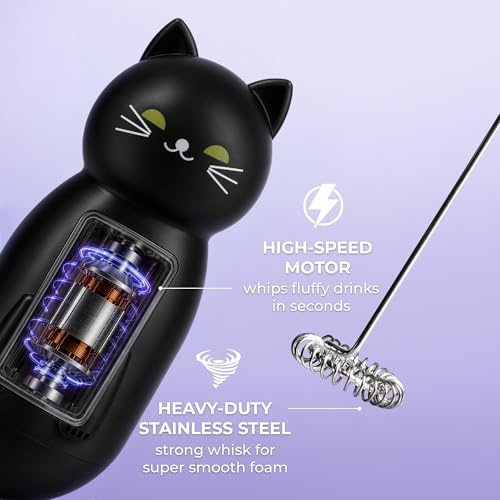 Image of Cat-Shaped Frother Mixer - Cutesy Frother, Meet Your New Frothing Buddy Midnight The Cat, Adoption Papers and Stickers Included, Purrr-fect for Lattes, Cappuccino & Matcha - Black