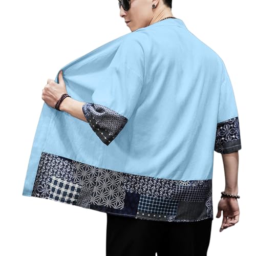 Image of PRIJOUHE Men's Kimono Jackets Cardigan Lightweight Casual Cotton Blends Linen Seven Sleeves Open Front Coat Outwear