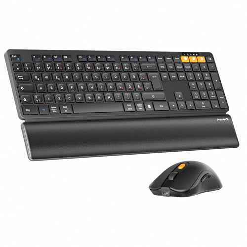 ProtoArc Kabellos Bluetooth Tastatur Maus Set KM60 Full-Size Tastatur und Maus mit Handballenauflage Wiederaufladbar 2.4GHz + Dual Bluetooth QWERTZ Deutsch für PC Computer Mac Windows Schwarz