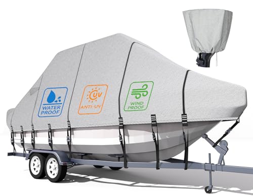 5-ply 1200D 100% Waterproof T-Top Boat Cover Solution Dyed Fade-Proof Trailerable Hard Top Boat Cover with 21 Windproof Straps, Motor Cover Fit 23'-25' Long Center Console Boat with T Top Roof