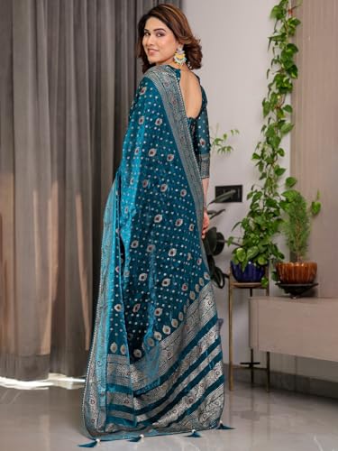 Image of ALMAARI FASHION Fendy Satin Foil Print Floral Saree with Tassels, Traditional Butti Motifs, 5.5m with 0.8m Blouse (FOIL 102 RAMA H)