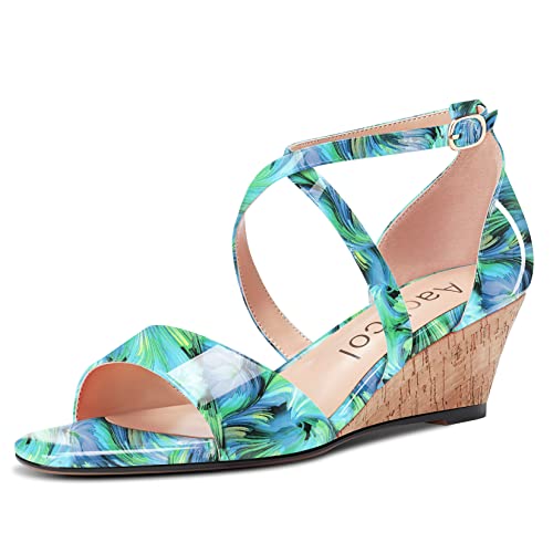 Aachcol Women Platform Sandals Clear Peep Open Toe Ankle Strap Wedge Mid Low Heel Dress Shoes Office Wedding Patent 2 Inch