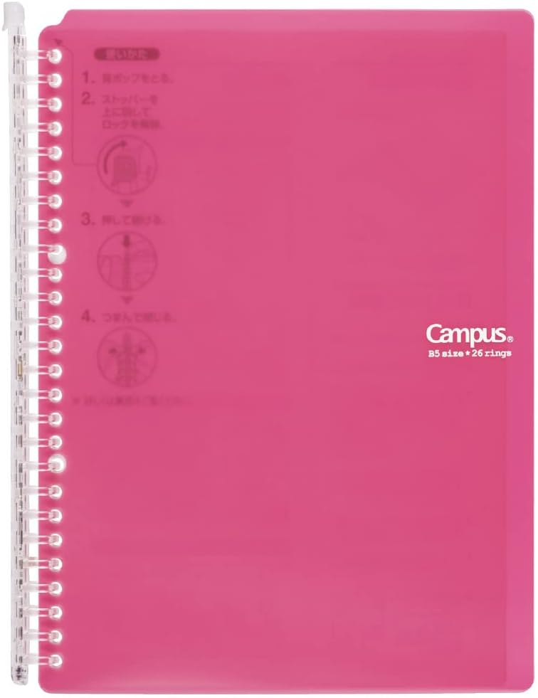 Kokuyo Campus Smart Ring Binder, B5 Pink Refillable Binder Notebook 26 Holes with 10 Extra Loose-Leaf Paper, Up to 60 Filler Papers for Work & Study, Japan Import (RU-SP706P)