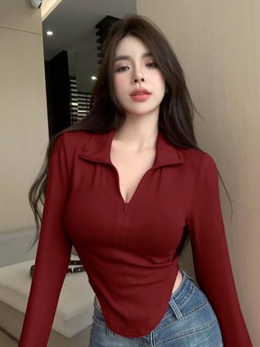 Image of Istyle Can Women's Top Solid Long Sleeve Ribbed Asymmetric Hem Casual T-Shirt with Zipper Collar. Full Sleeve, Rib Knit, Plain, Slim Fit